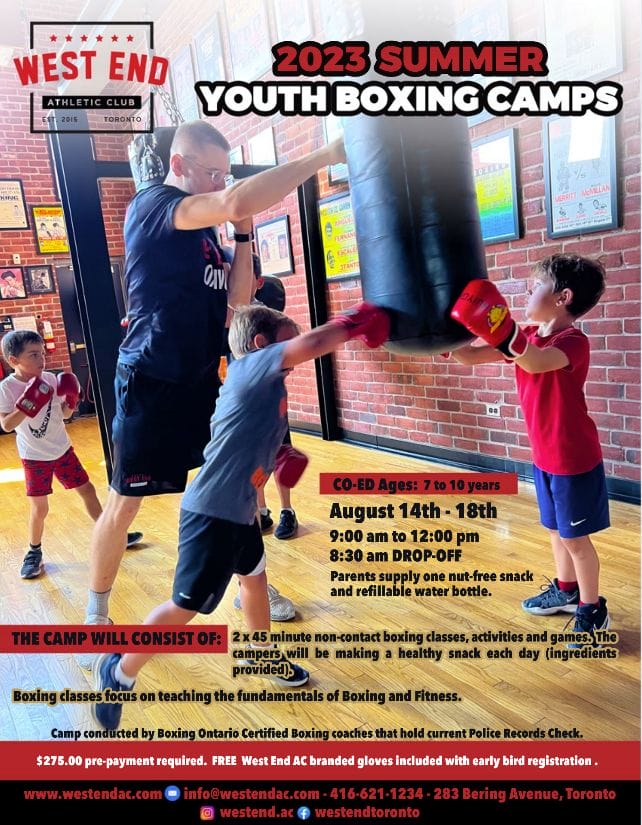 Summer Youth Boxing Camps poster with camp information and kids boxing at West End Athletic Club in Toronto.