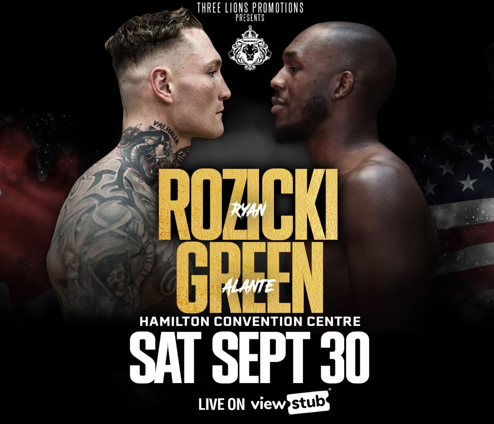 Poster created by Three Lions Promotions with Ryan Rozicki on one side looking into the eyes of his opponent, Alante Green, on the other. A faded Canadian flag is behind Rozicki and a faded United States of America flag is behind Green.